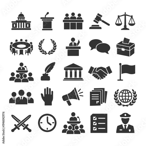 Collection of political and legal symbols in black and white icons.