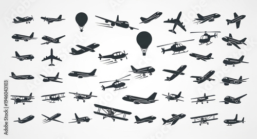 Collection of Various Aircraft Silhouettes - A Diverse Aviation Set.