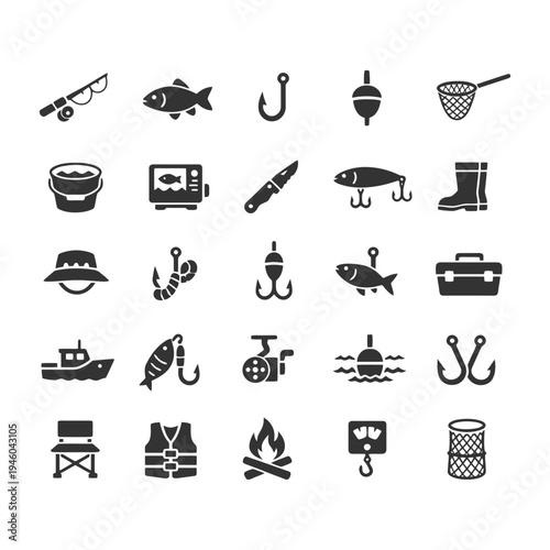 Fishing gear icons collection: rods, hooks, baits, and accessories.