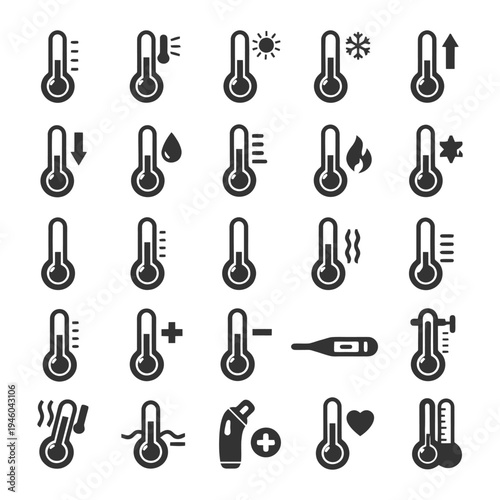 Various thermometer icons indicating temperature changes, weather conditions, and health monitoring.