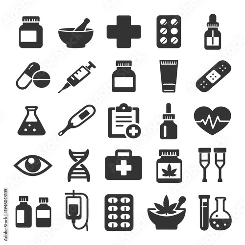 Medical icons collection: health equipment, medication, first aid, and laboratory tools.