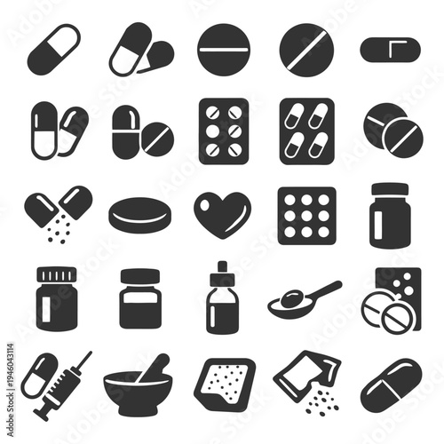 Medical icons set: pills, bottles, syringe, spoon, heart, capsules, tablet.