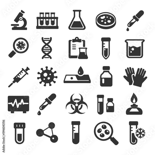 Science lab equipment icons: microscope, test tubes, flasks, syringes, biohazard.
