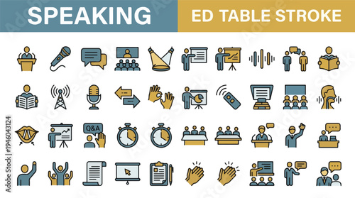 Speaking, communication, presentation flat line icons set