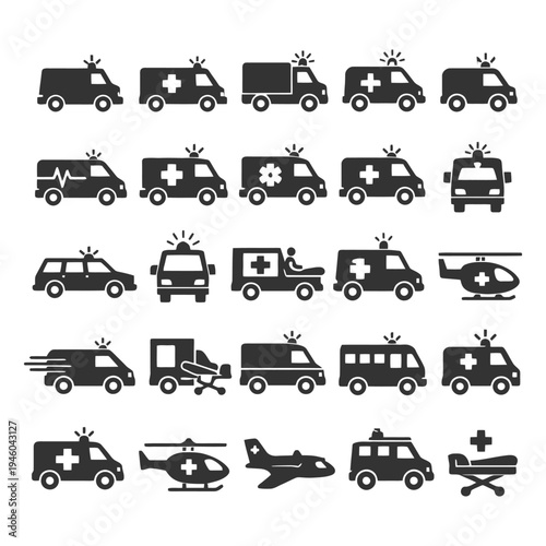 Set of various emergency vehicles and medical transportation icons.