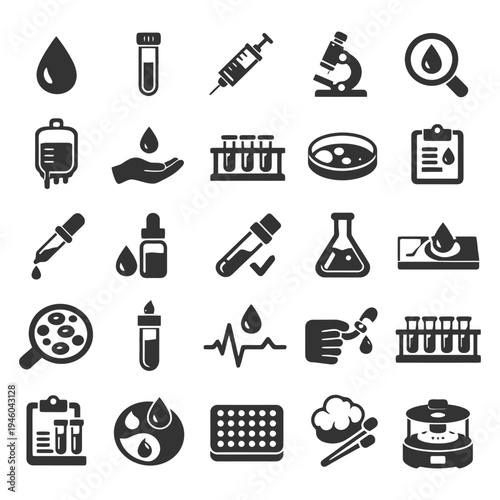Medical research icons set featuring laboratory testing equipment and blood analysis symbols.