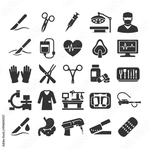 Surgical tools and medical equipment icons in black and white.