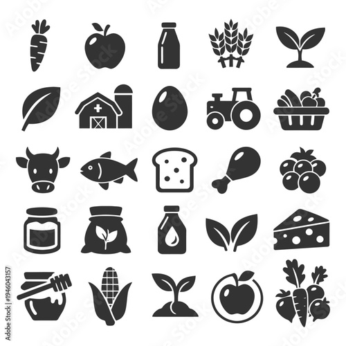 Agriculture icons: farming, livestock, produce, and nature symbols collection.