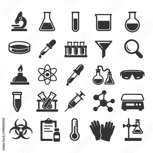Science lab equipment icons: microscope, flask, test tube, beaker, petri dish.