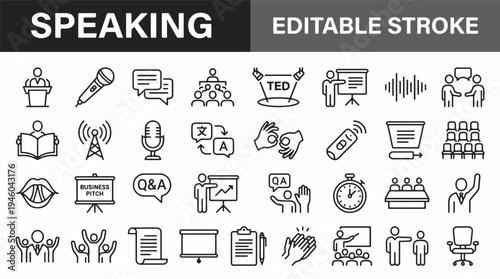 Speaking, communication, and presentation editable stroke line icons