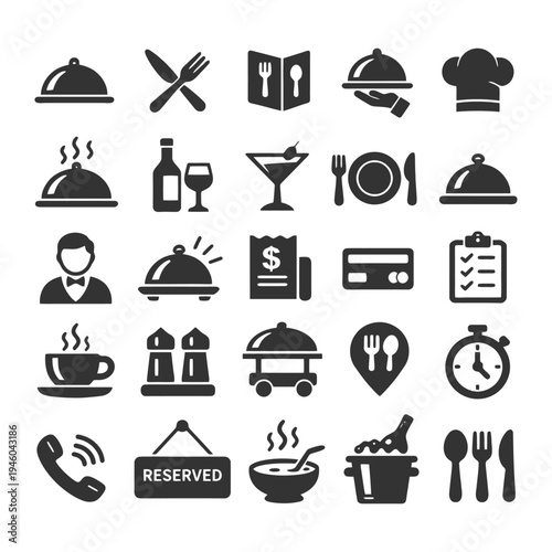 Restaurant icons collection featuring dining, menu, service, reservation, cuisine symbols.