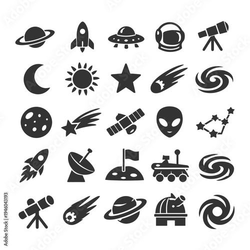 Space exploration icons: rocket, telescope, alien, satellite, planet, and more.
