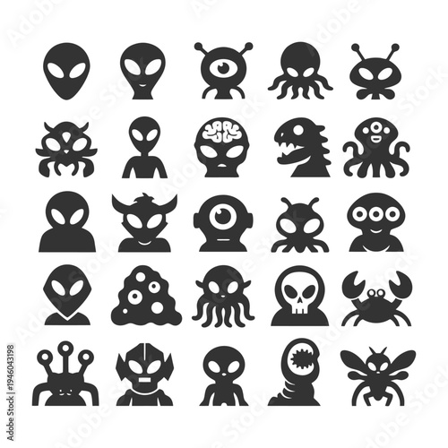 Variety of alien icons featuring diverse extraterrestrial designs in black silhouette.