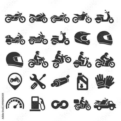 Motorcycle icons set: helmets, tools, speedometers, and more.