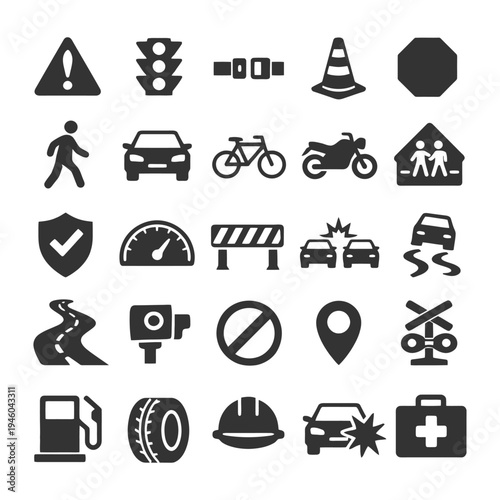 Black and white traffic and safety icon set with 25 symbols.