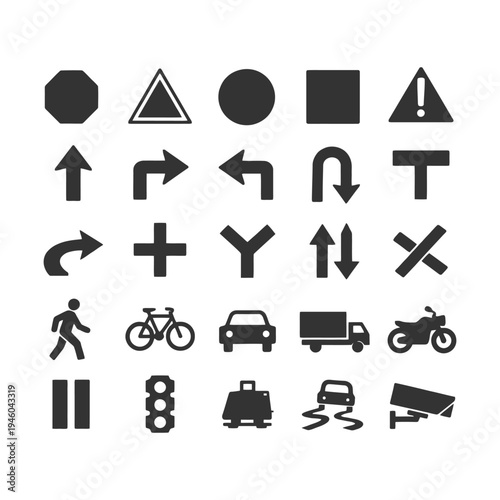 Traffic sign symbols collection: arrows, vehicles, pedestrian, warning icons.