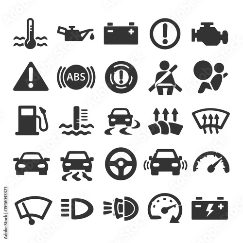 Car dashboard warning lights icons collection.