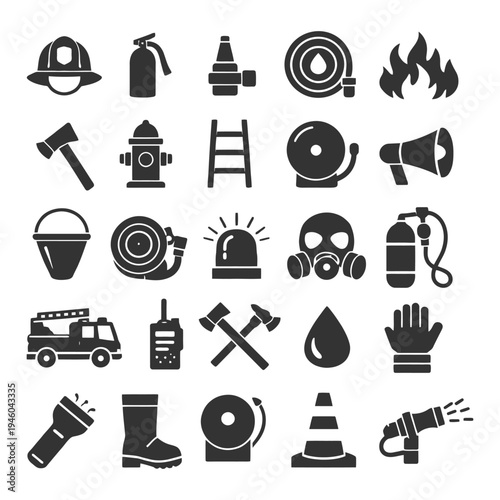 Essential firefighting equipment icons for safety and emergency preparedness.