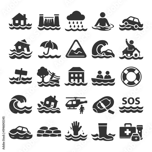 Flood icons collection: safety, rescue, weather, water, emergency, transport, nature, warning.