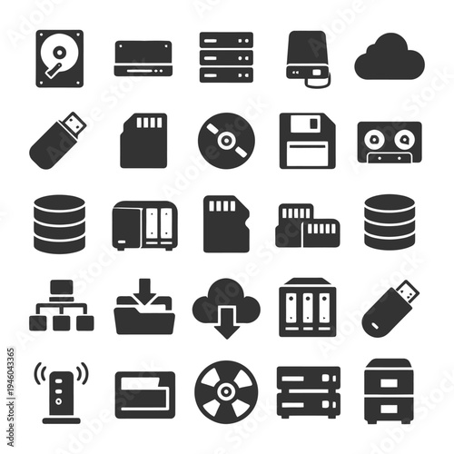 Digital storage icons collection: hard drives, servers, cloud, disks, usb.