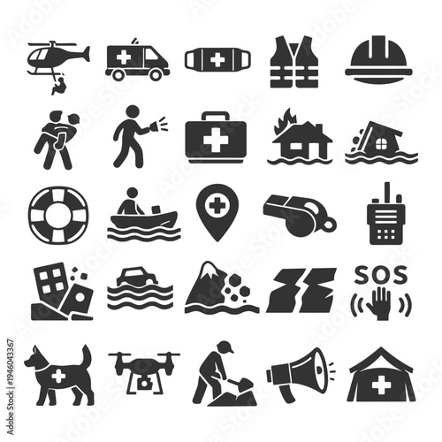 Emergency icons collection featuring rescue, medical, and safety symbols.
