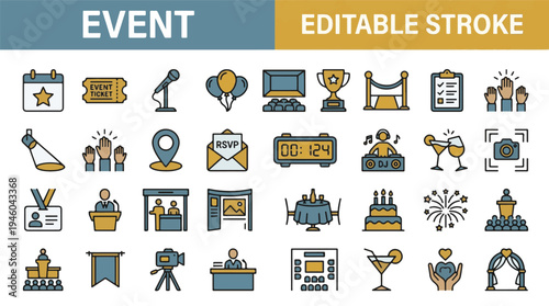 Event planning and celebration line icons set