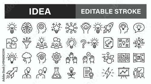 Idea generation and creative thinking black line icons