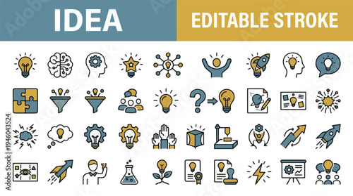 Idea innovation creative business brainstorming line icons set