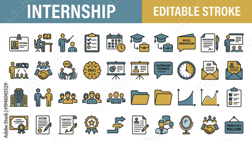 Internship and career development process icons set