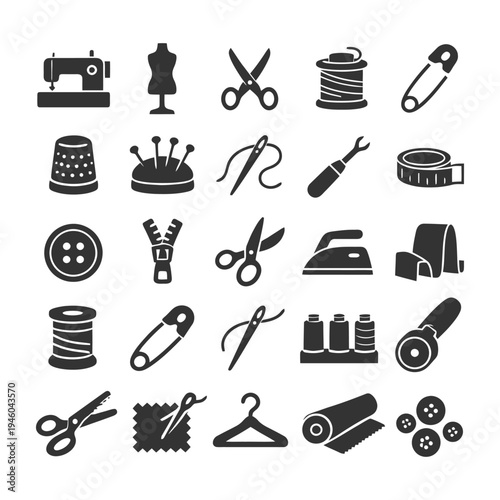 Sewing tools icons: scissors, mannequin, thread, iron, safety pin, measuring tape collection.