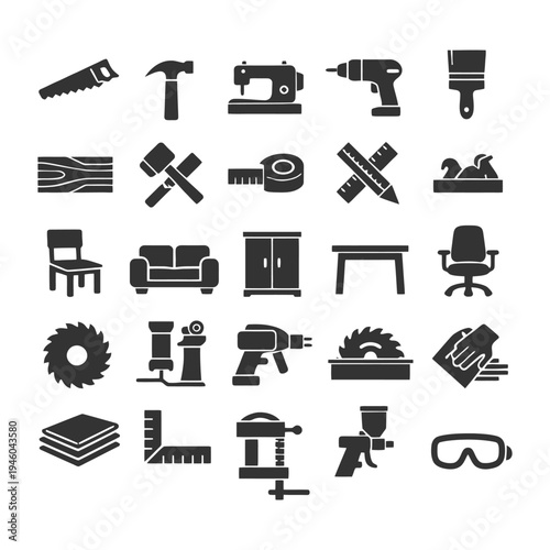 Assorted carpentry tools and furniture silhouettes.