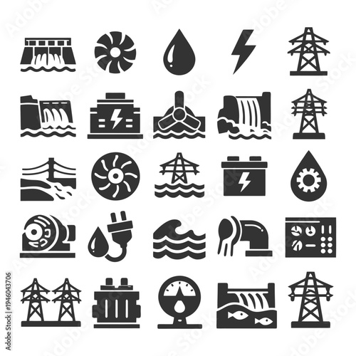 Set of hydroelectric power icons and energy symbols.
