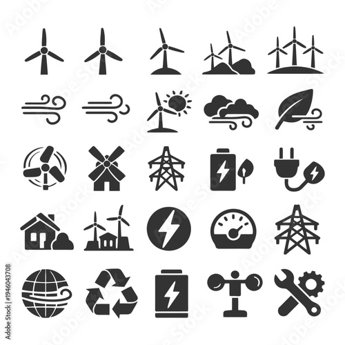 Sustainable energy icons set featuring wind turbines, solar panels, and eco-friendly symbols.