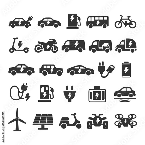 Electric vehicles and charging icons for sustainable transportation concepts.