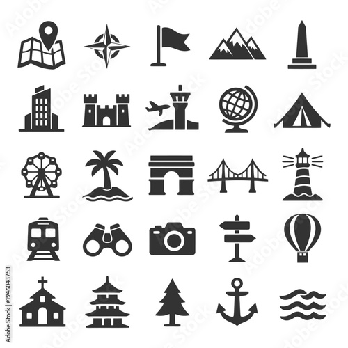 Travel icons set: landmarks, nature, transportation, adventure symbols.