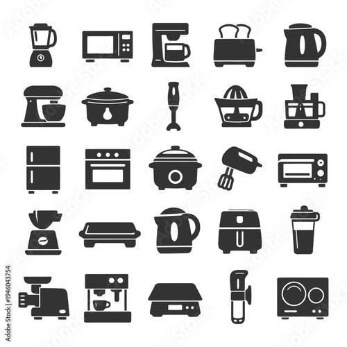 Collection of kitchen appliance silhouettes including blender and microwave.