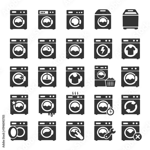 Set of washing machine and laundry icons representing various functions and settings.
