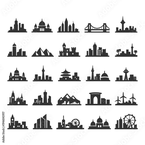 Iconic global landmarks collection featuring city skylines and cultural symbols.