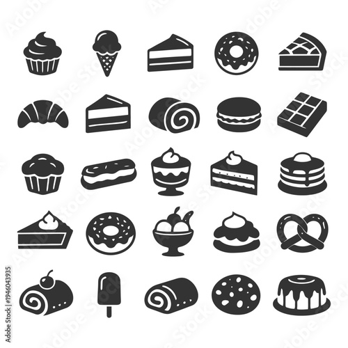 Collection of dessert icons: cake, donut, ice cream, pie, cookie.
