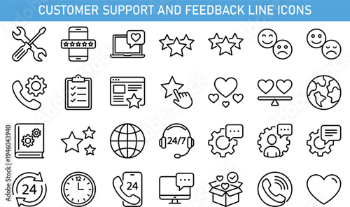 Customer support and feedback line icons set including ratings, reviews, satisfaction, communication, service assistance, reputation management, help center vector illustration collection