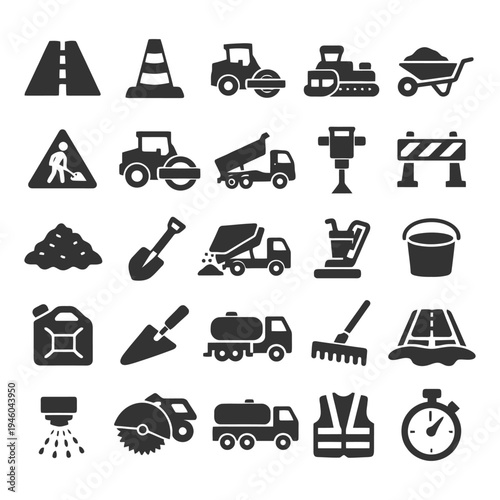 Icon set: construction and roadwork tools and machinery.