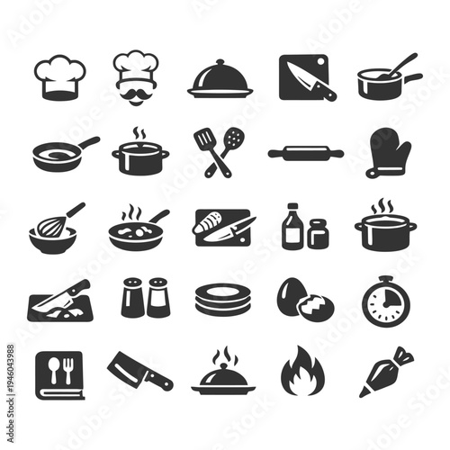 Collection of kitchen tools and cooking icons in black and white.