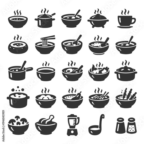 Collection of cooking icons: soups, stews, and kitchen tools silhouettes.