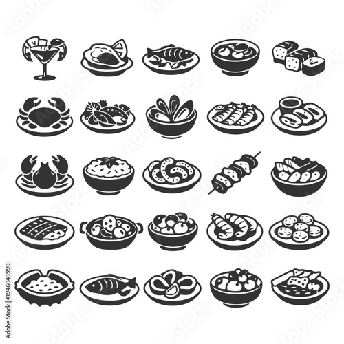 Assorted seafood and sushi icons set in black and white.