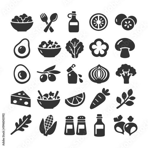 Collection of healthy food icons including vegetables, fruits, and kitchen utensils.