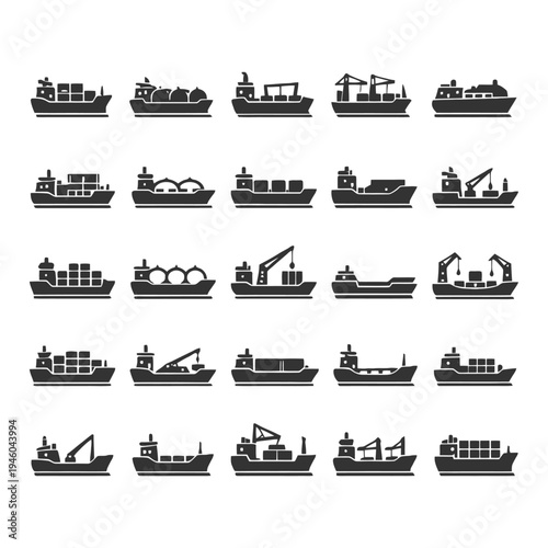 Silhouette collection of various cargo ships and vessels.