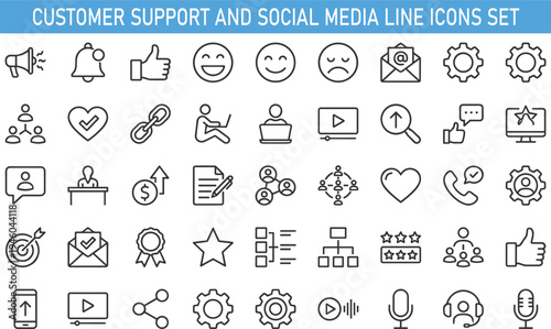 Customer support and social media line icons set, feedback rating, communication tools, online service, user engagement, digital marketing vector illustration collection