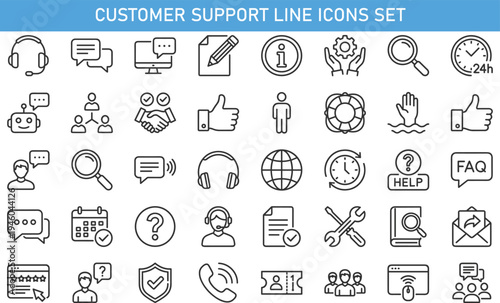 Customer support line icons set, help desk, FAQ service, call center, online assistance, communication symbols, technical support, chatbot, feedback, customer service concept