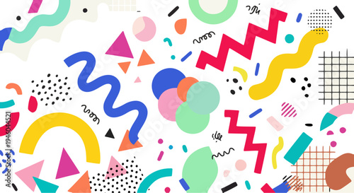 Playful Memphis style abstract background with vibrant geometric shapes and modern creative design.