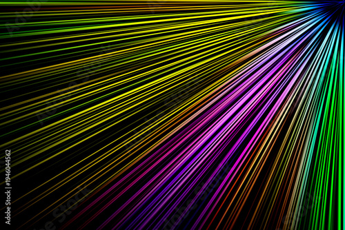 Abstract surface of radial blur zoom with off-center focal point, multicolored light streaks in yellow, green, pink and blue on black background creating dynamic energy burst effect.
